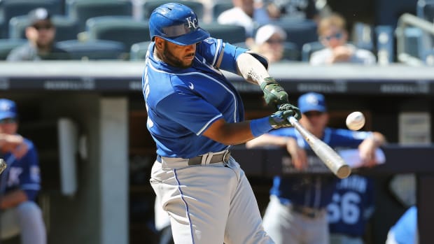 Jun 24, 2021; Bronx, New York, USA; Kansas City Royals third baseman Hanser Alberto (49) singles against the New York Yankees during the eighth inning at Yankee Stadium. Mandatory Credit: Andy Marlin-USA TODAY Sports